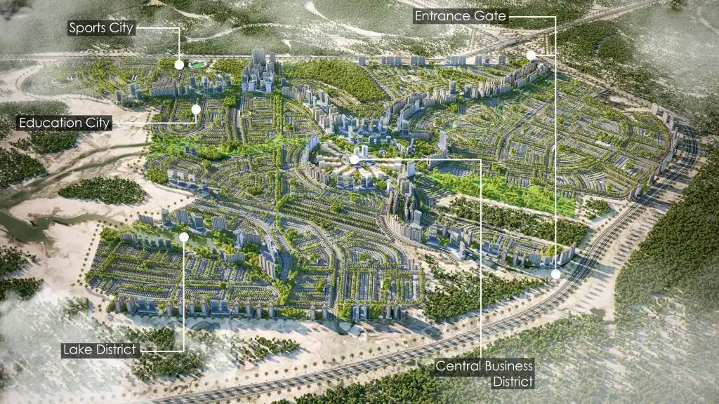 3D aerial rendering of Faisal Town Phase 2 master plan highlighting main boulevards, green belts, and commercial districts