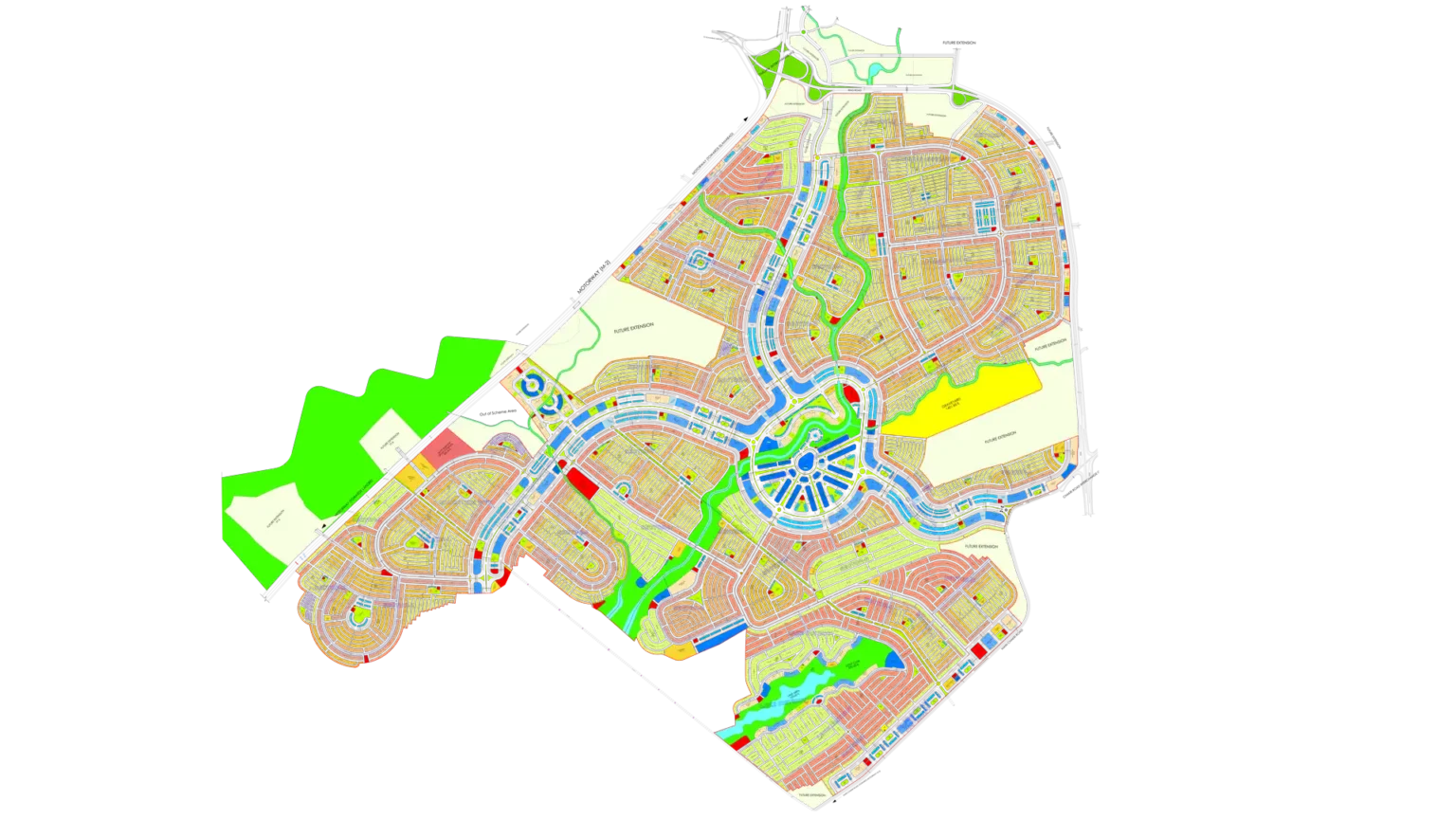 Complete master plan layout and location map of Faisal Town Phase 2 Islamabad showing sectors, main boulevards, and green belts