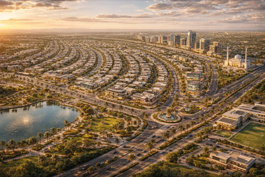 Aerial master plan rendering of Faisal Town Phase 2 Sector X showing residential sectors, central lake, grand mosque, and commercial high-rises